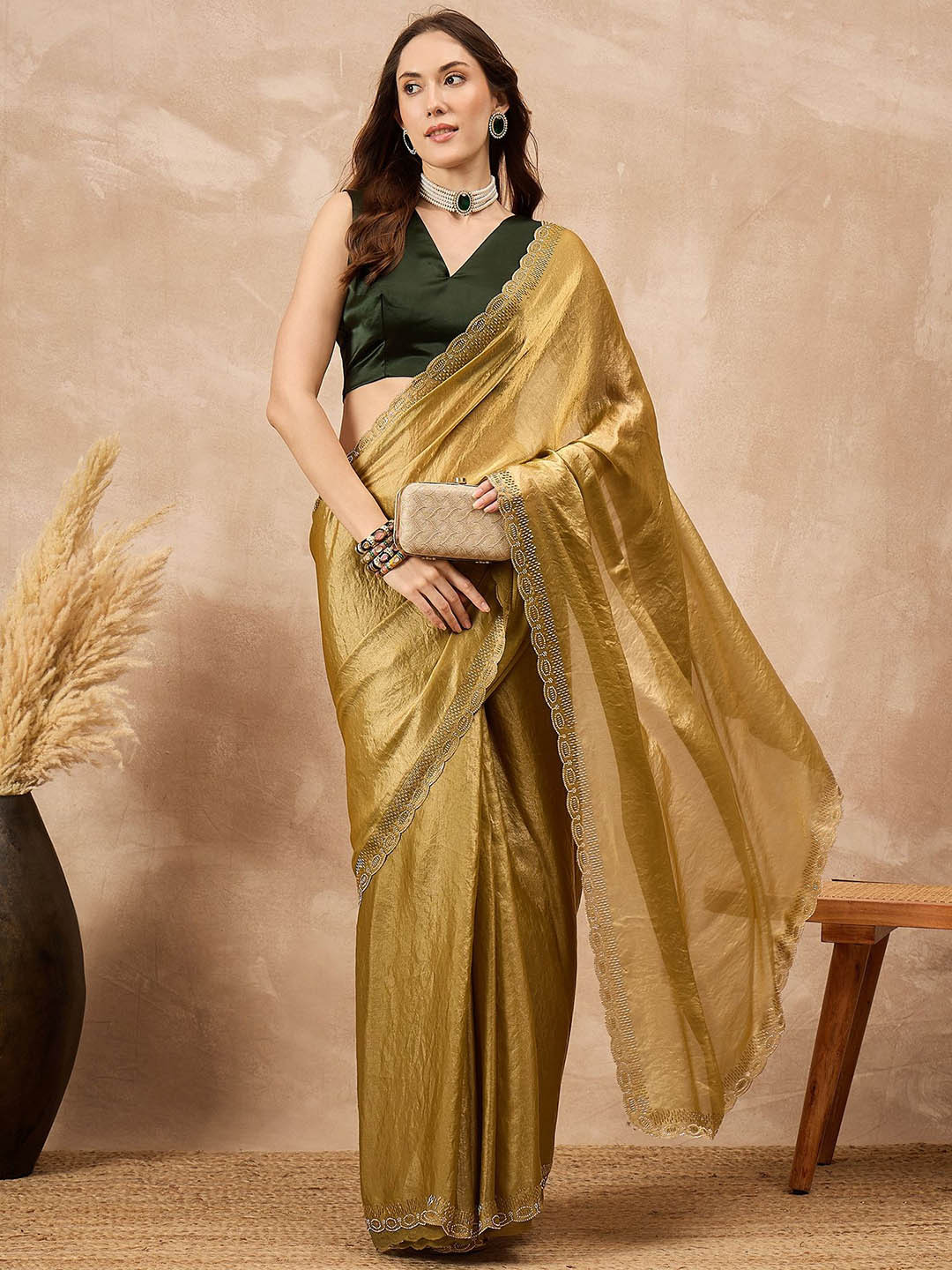 all about you Beads and Stones Border Work Satin Saree
