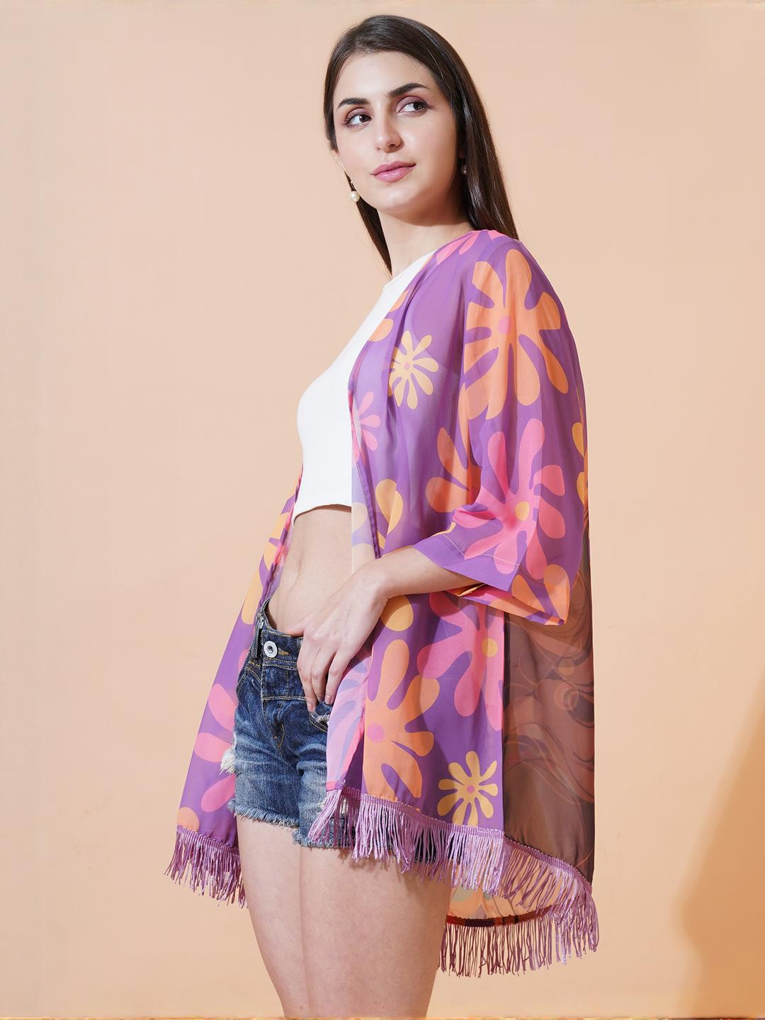 ARV TRENDS Woman In A Floral Back Ai Printed Georgette Fabric Half Sleeve Shrug