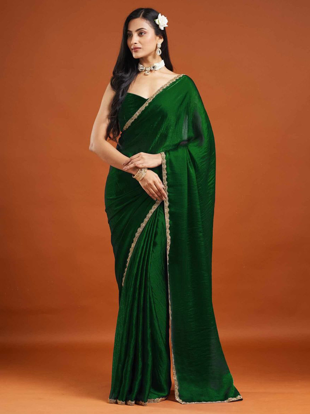 LOROFY Zari Work Satin Saree With Blouse