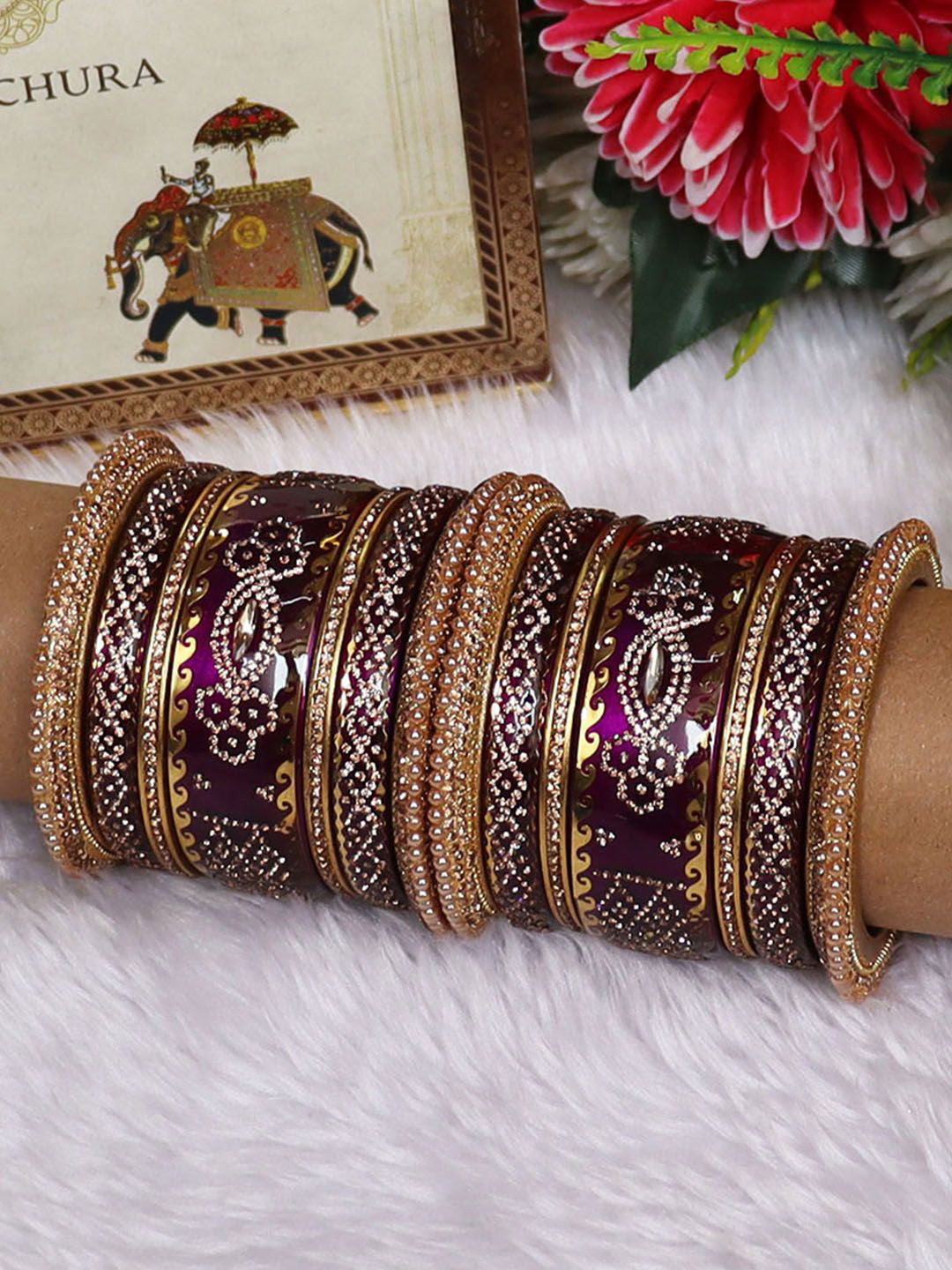 TAJ BRIDAL STORE Set Of 14 Kundan Studded Wedding Chura Bangles