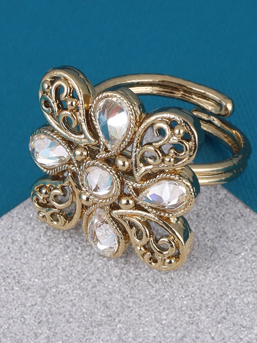 Saloni Fashion Jewellery Women Stylish Paisley Design Gold Plated Adjustable Finger Ring