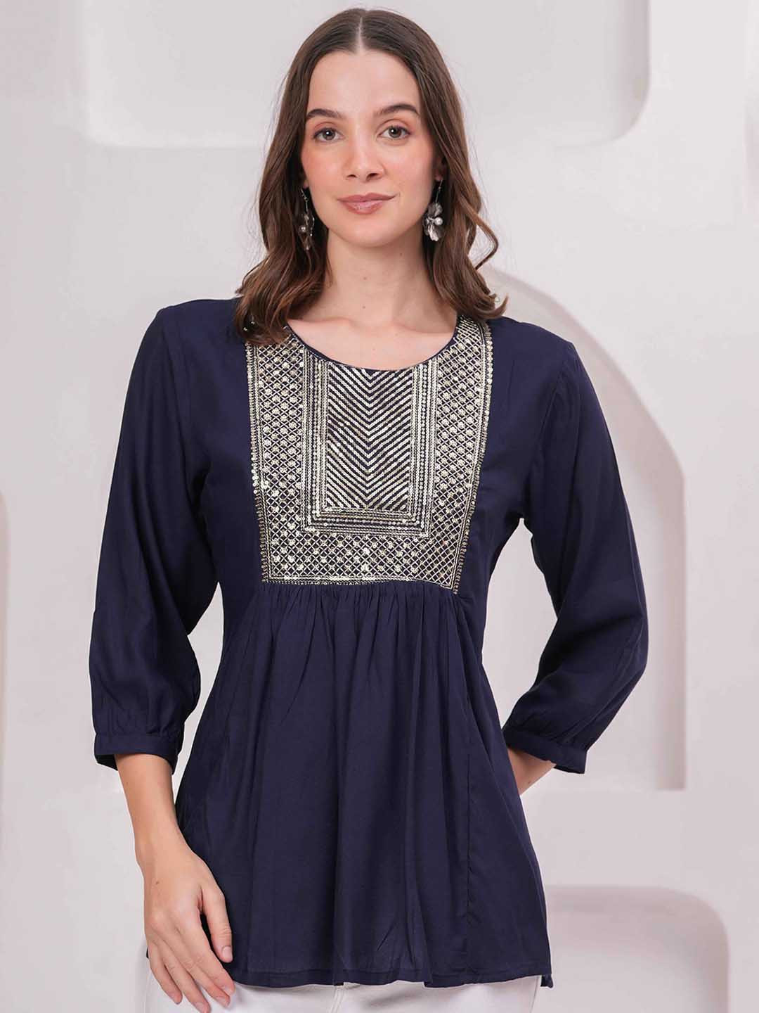 JC4U Women Floral Self Design Embellished Round Neck Tunics