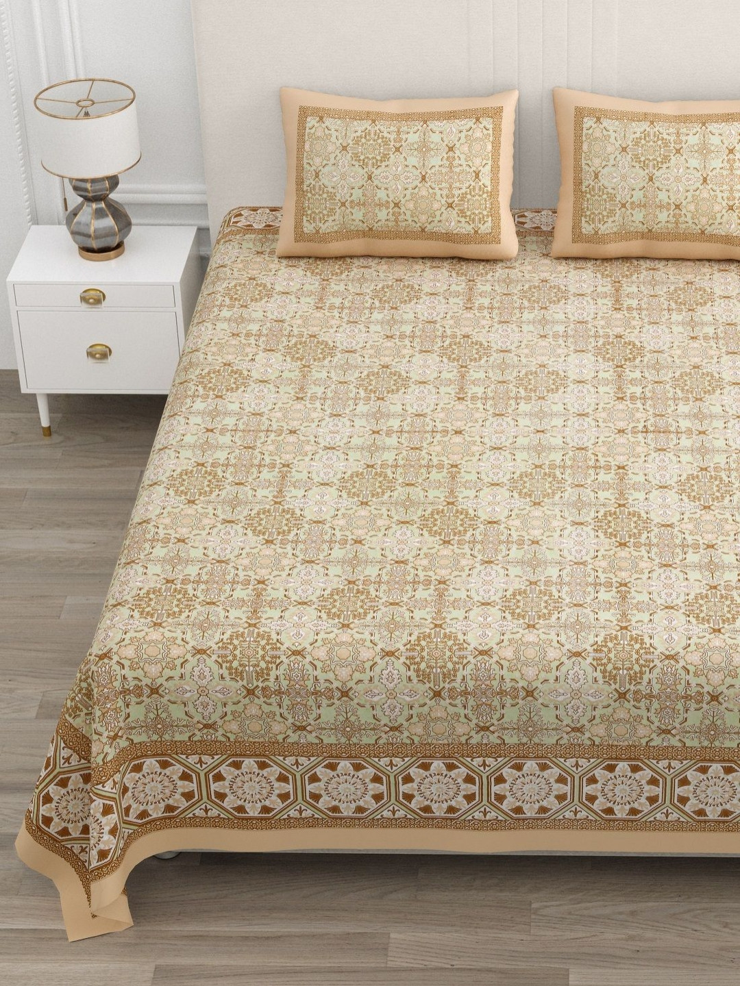 ATARAH Khaki & Brown Ethnic Printed 144TC Cotton Double Queen Bedsheet Set 2.25 m x 2.75 m