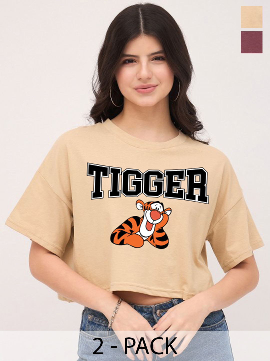 Dreambe Pack of 2 Tigger and Daffy Duck Printed Drop-Shoulder Sleeves Crop T-shirt