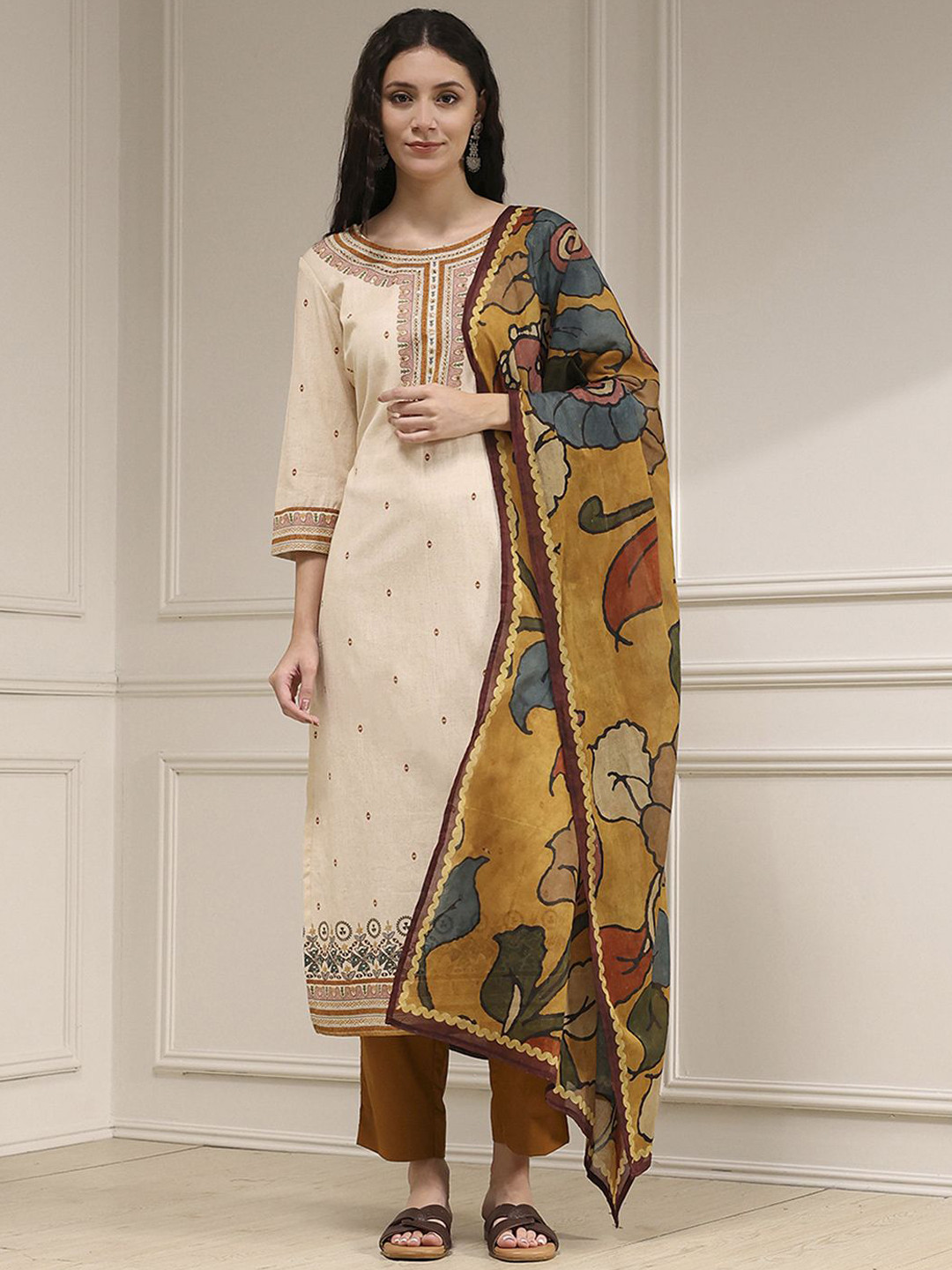 Biba Women Off White & Beige Floral Printed Cotton Kurta Pant & Dupatta Dress Material