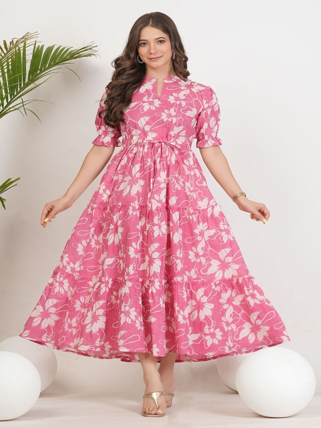 Fashion Unstoppable Women Floral Printed Puff Sleeve Tiered Fit & Flare Midi Dress