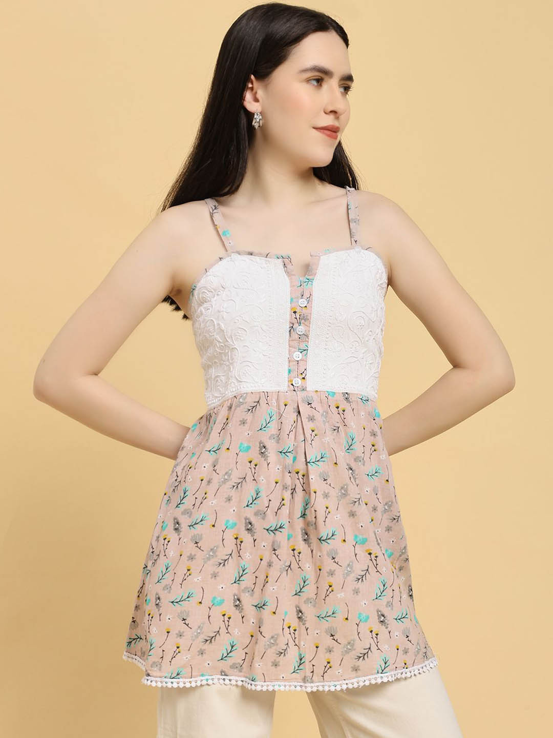 Fashionable Chikan Handikraft Women Floral Print Shoulder Straps Cotton Tunics