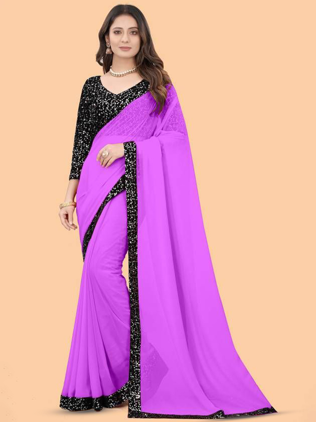 SHELDROM MART Embellished Sequinned Border Pure Georgette Saree