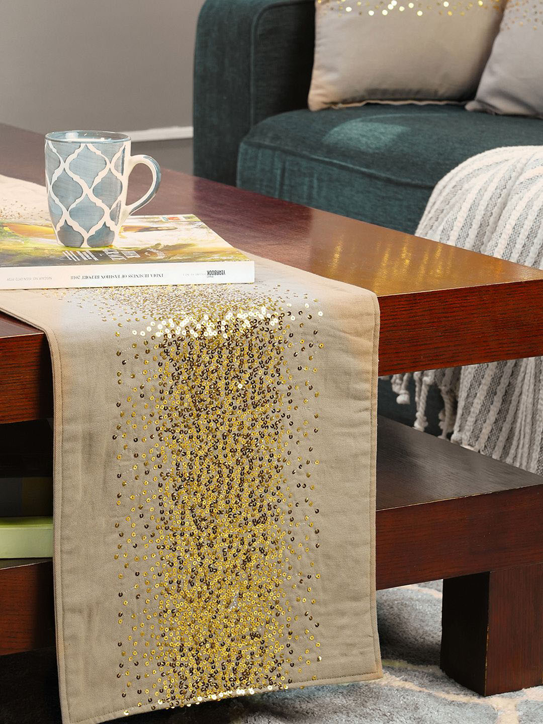 MASPAR Linen Beige & Gold Toned Embroidered Cotton 4 Seater Table Runner & Cushion Covers