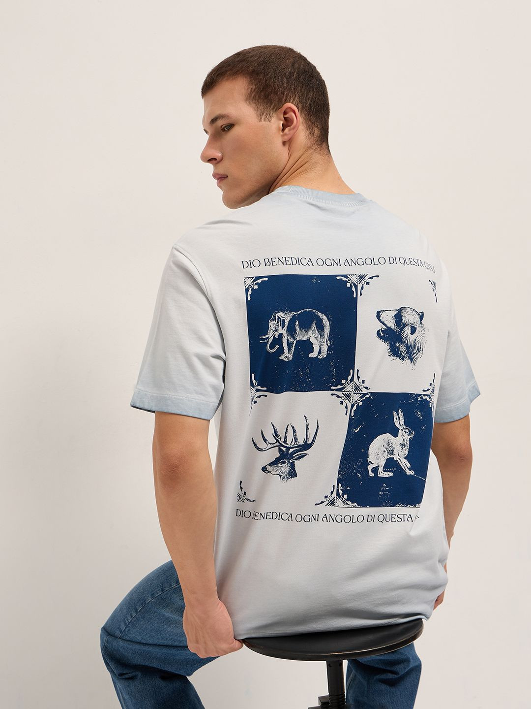 THE BEAR HOUSE Men Animal Printed Round Neck Pure Cotton Oversized T-shirt
