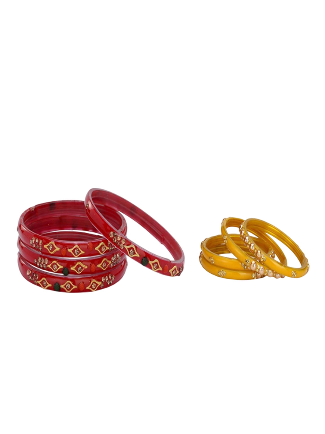 SOMIL Set Of 8 Red & Yellow Artificial Stones & Beads Bangles