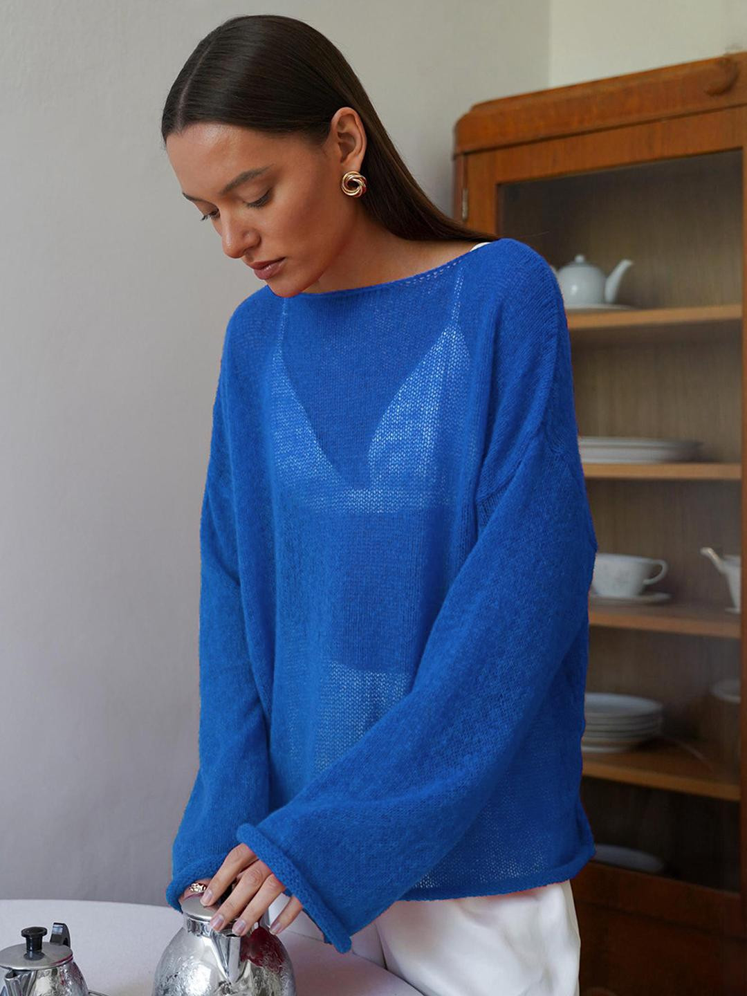 DressBerry Women Sheer Loose Knit Pullover Sweater