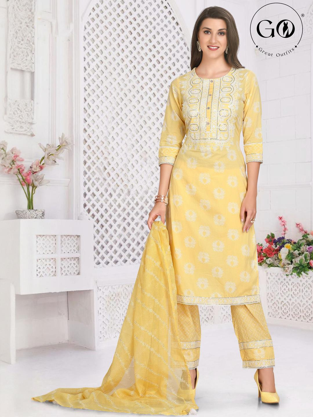 GREAT OUTFITS Women Yellow Pure Cotton Kurta Sets With Dupatta