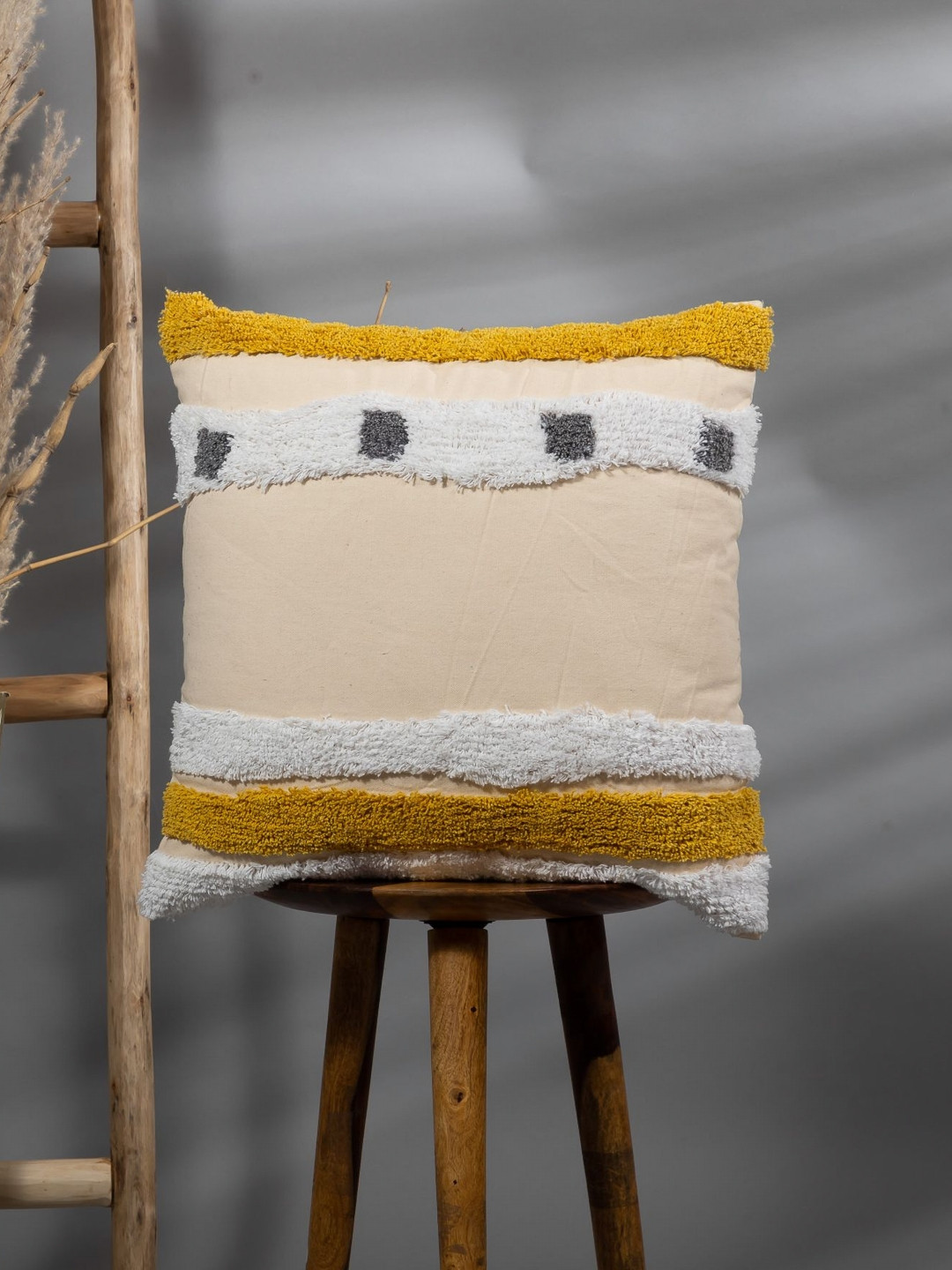 THEGASBH Yellow & White Striped Square Cotton Cushion Cover