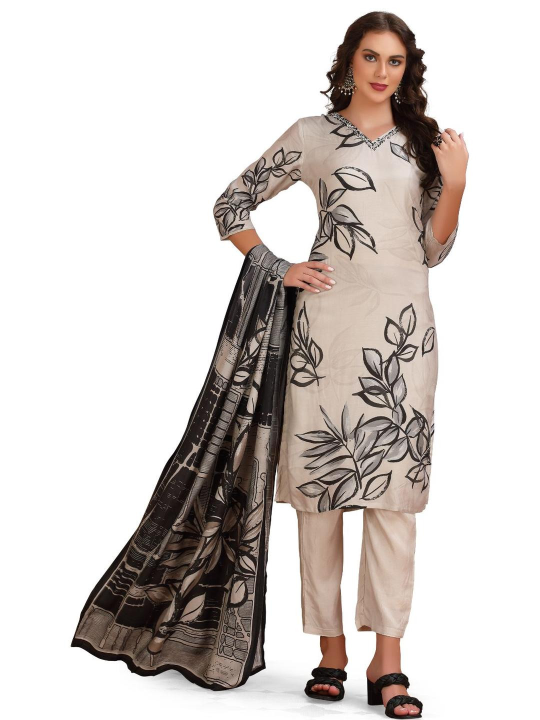 GREAT OUTFITS Women Cream Linen Kurta Sets With Dupatta