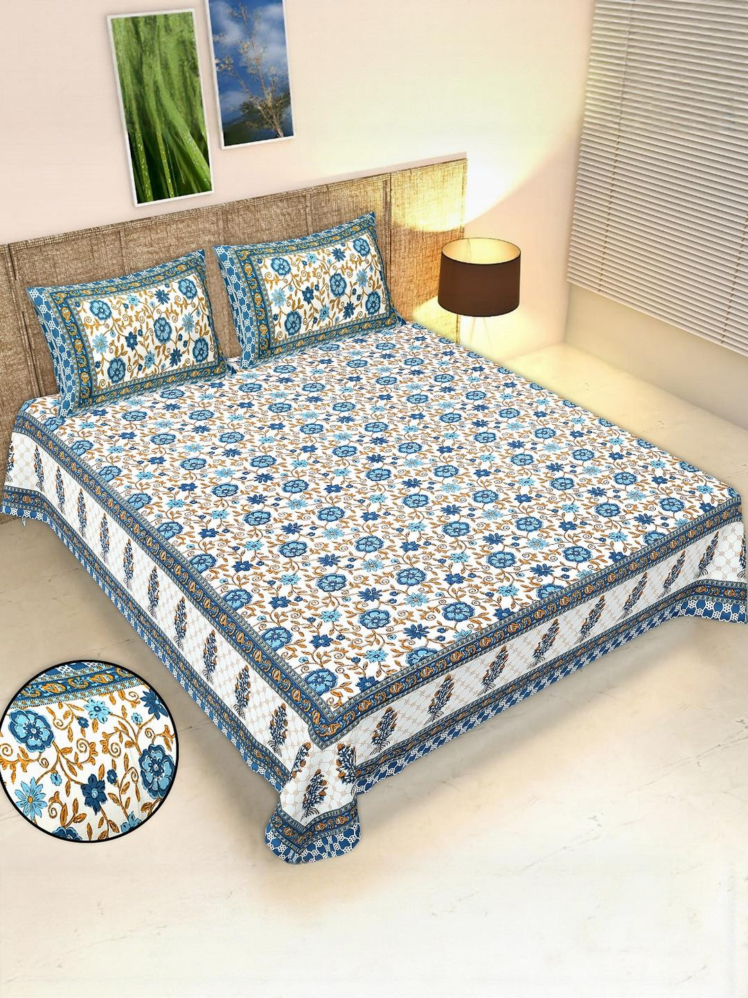 Monik Handicrafts Blue Floral 210 TC Bedsheet with 2 Pillow Covers