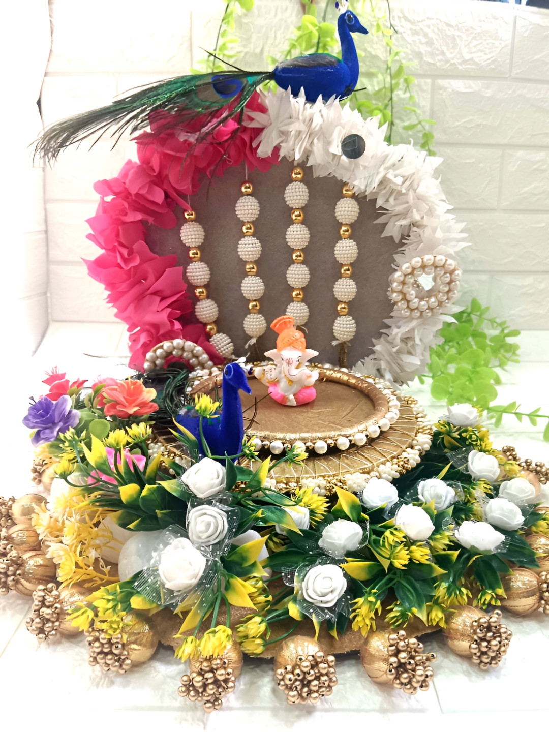 Sellplus Green & Blue Textured Peacock & Floral Singhasan Navratri Accessories Decor