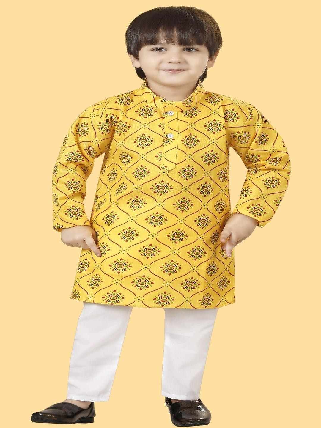 LABELZERO Kids-Unisex Yellow Cotton Blend Kurta Sets