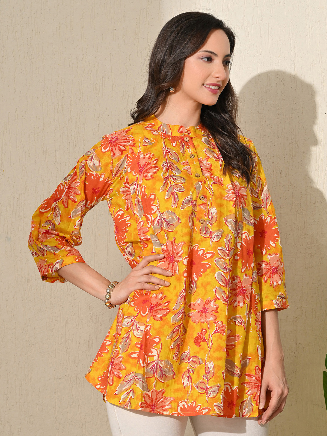 INDIANIC Ethnic Motifs Print Mandarin Collar Cotton Tunic