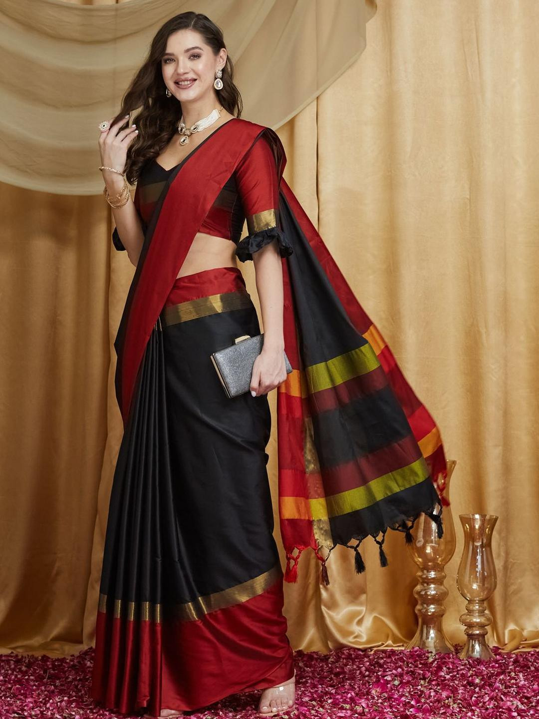 KAVINDI Women Festive Banarasi Silk Cotton Saree with Broad Border & Blouse Piece