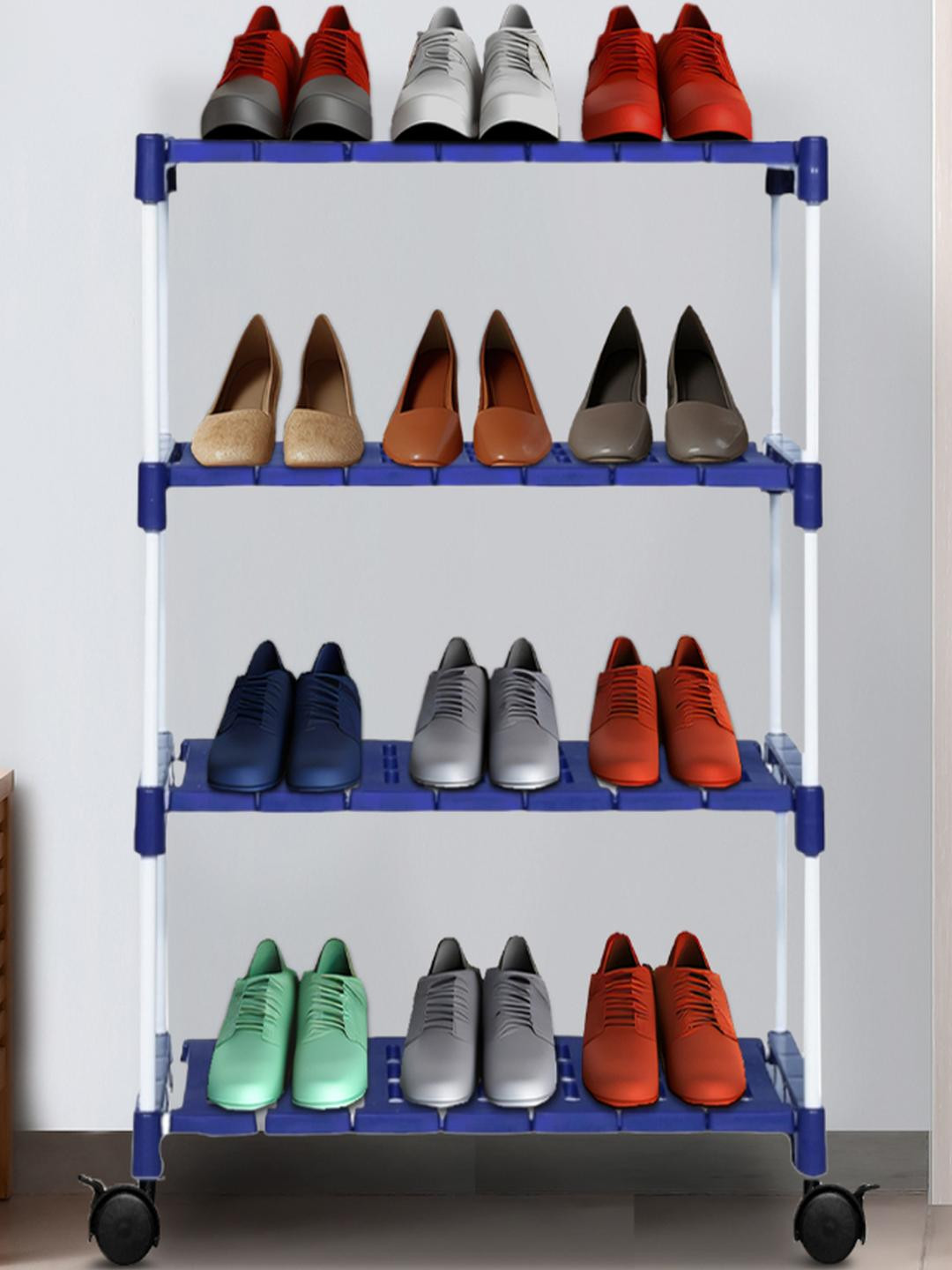 NOVATIC Off White & Blue Metal Shoe Rack