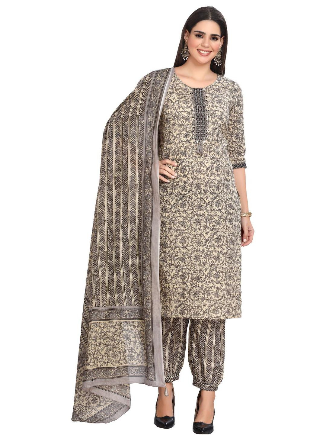 GREAT OUTFITS Women Cream Pure Cotton Kurta Sets With Dupatta
