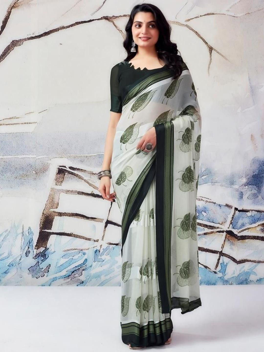 GHAN SALS Floral Printed Zari Work Pure Georgette Sarees With Blouse