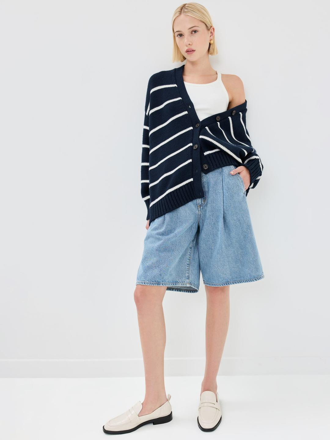 DressBerry Women Navy Blue Striped Cotton Longline Cardigan