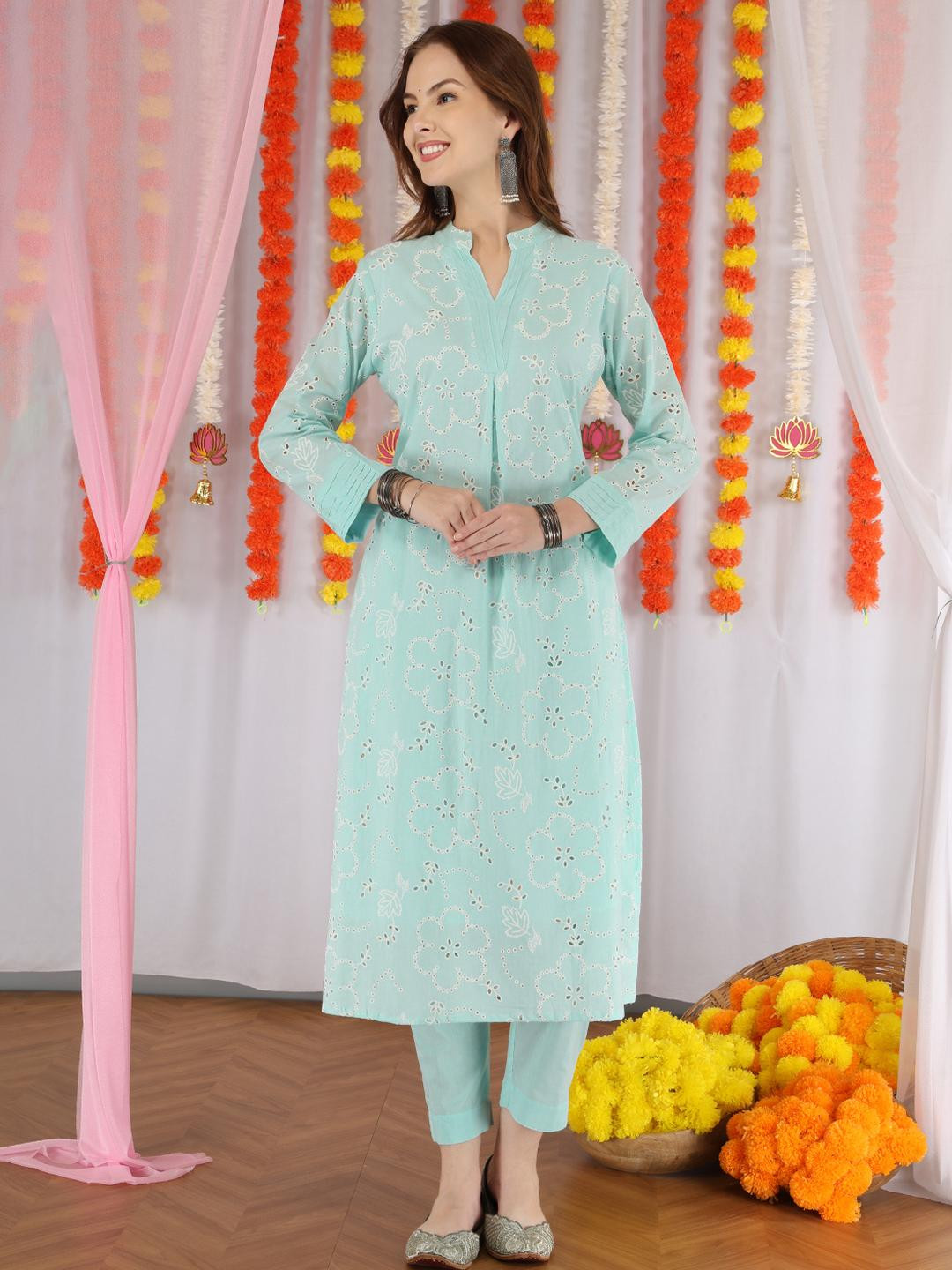 AnoukWomen Cotton Schiffli Printex V-Neck Tunic Co-Ords with Trousers