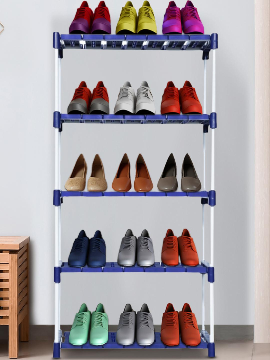 NOVATIC Off White & Blue Plastic & Metal Shoe Rack