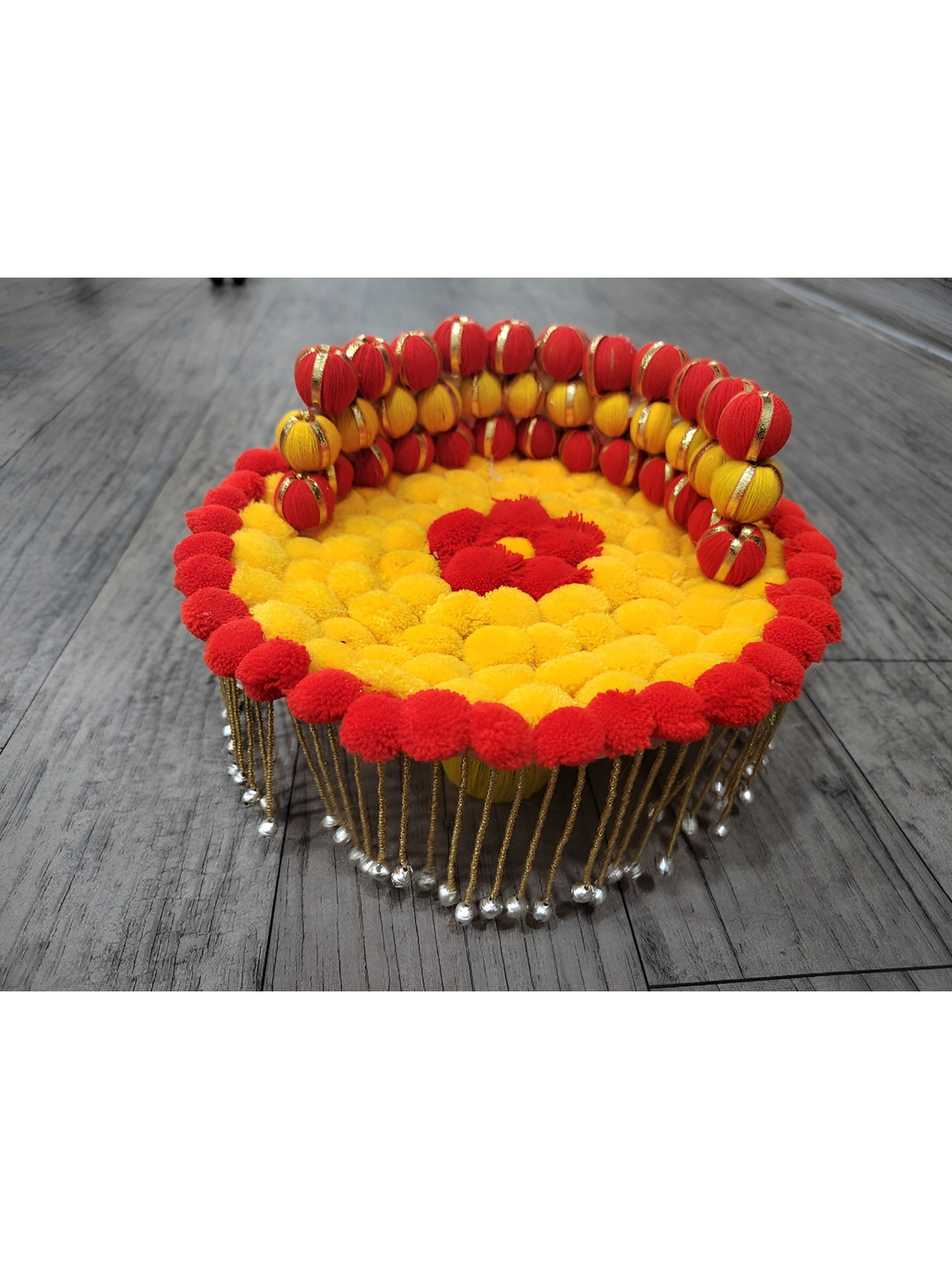 Sellplus Red & Yellow Pompom Tassel Decorated Singhasan Festive Decor