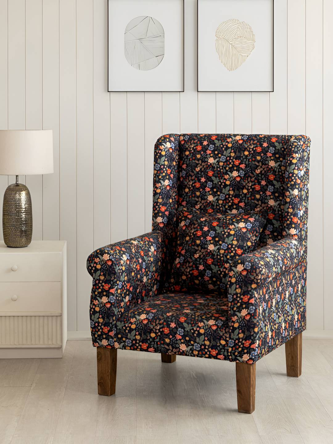 THEGASBH Black & Blue Printed Wooden Legs Lounge Chair