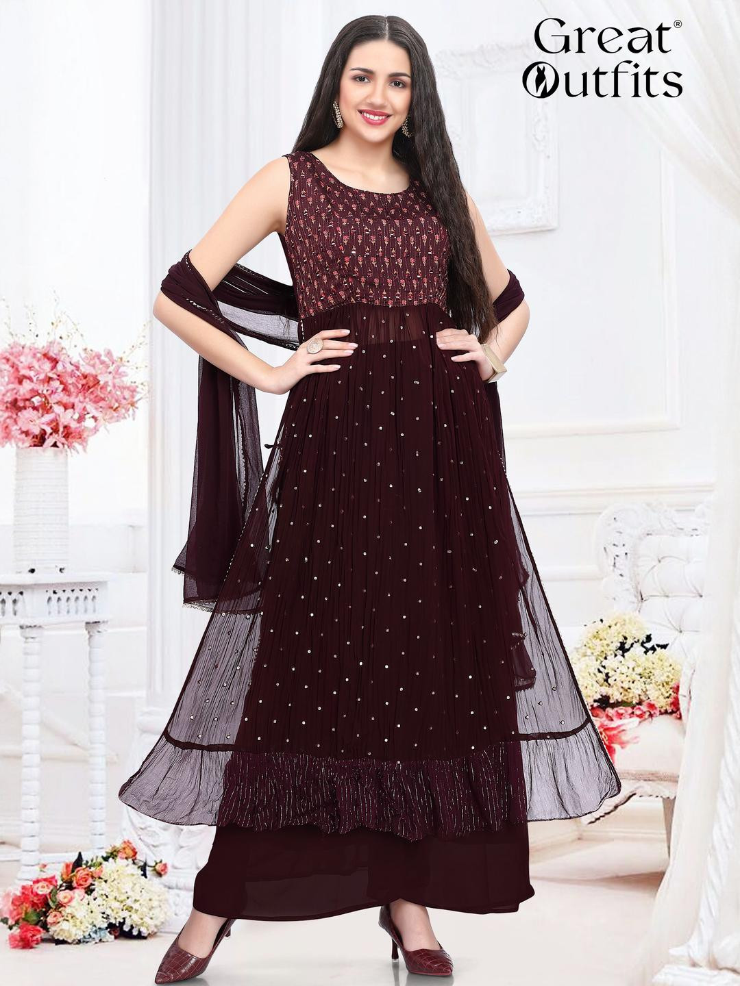 GREAT OUTFITS Women Purple Georgette Kurta Sets With Dupatta