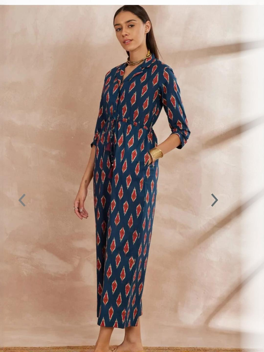 ANGIYA Women Blue Cotton Printed Long Sleeves Jumpsuit