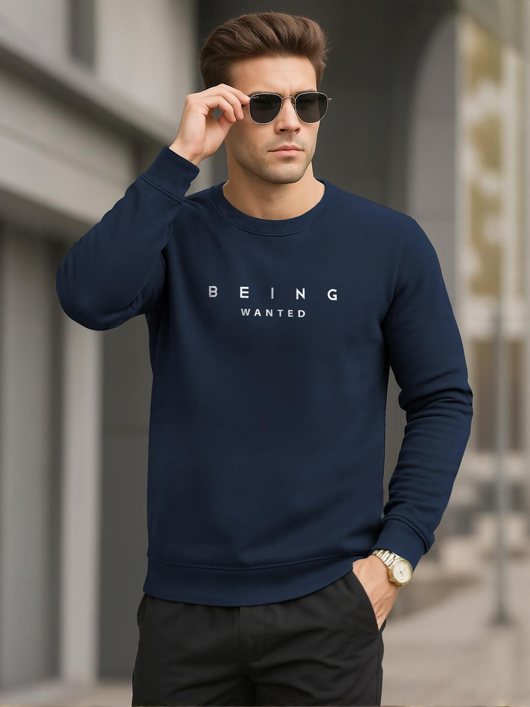 BEING WANTED Men Navy Blue Printed Cotton Sweatshirts