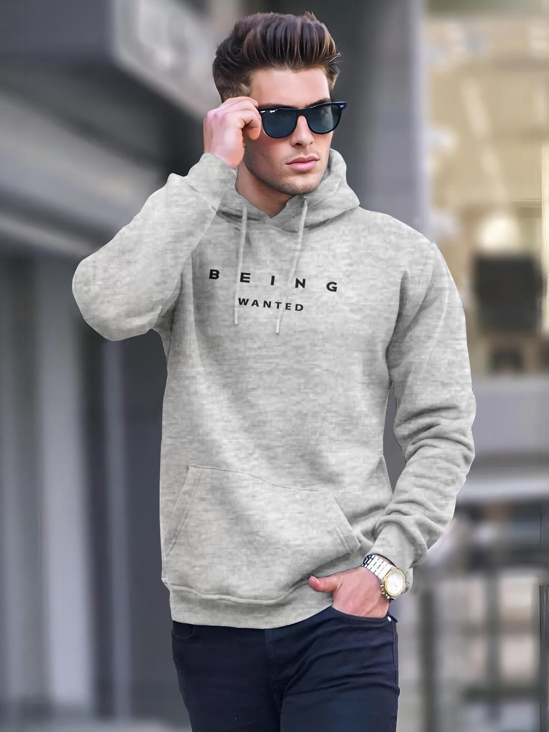 BEING WANTED Men Grey Casual Hooded Sweatshirt