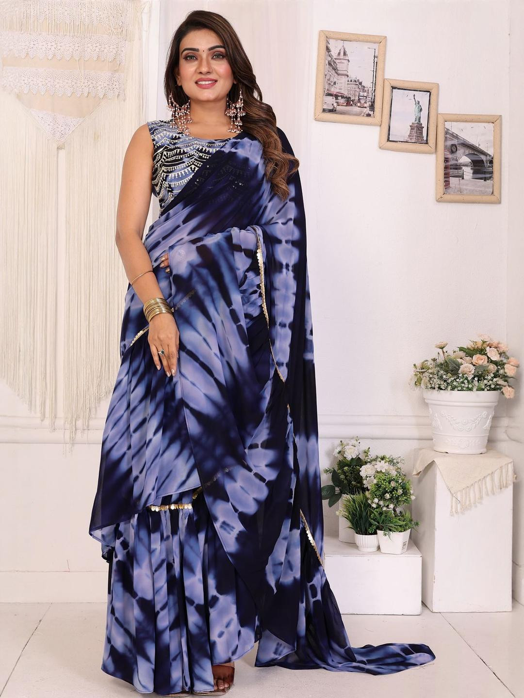 PATLANI STYLE Shibori Printed Ruffled Ready To Wear Saree With Sequence Unstitched Blouse