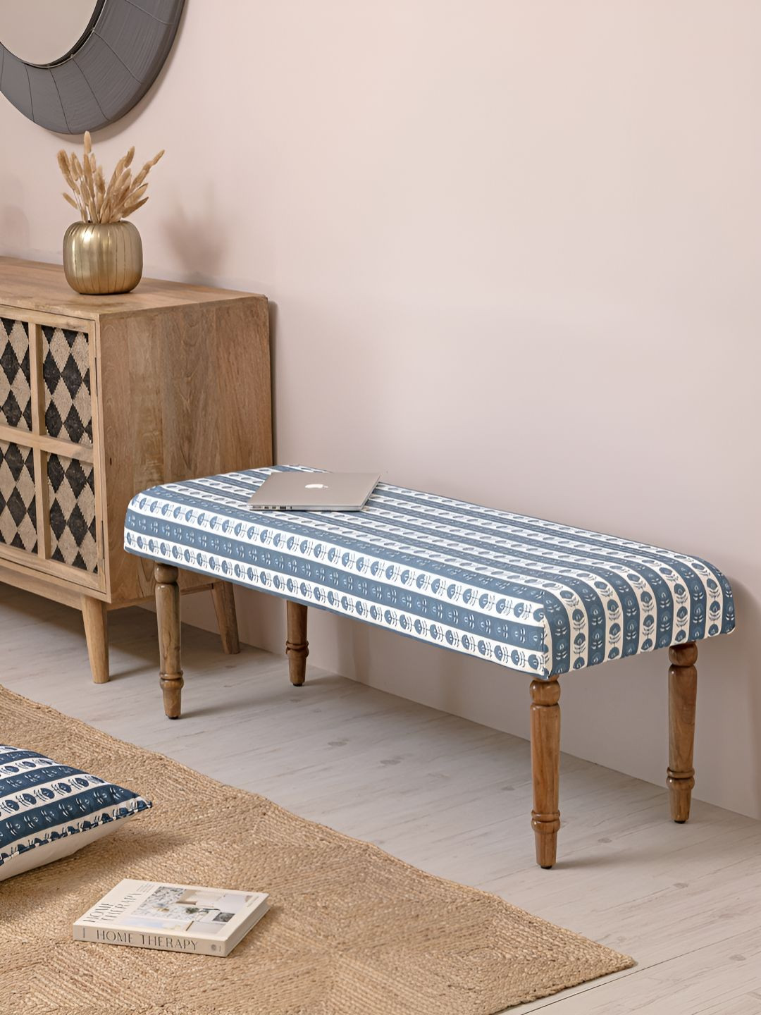 THEGASBH Blue & White Printed Wooden 3-Seater Rectangle Dining Bench