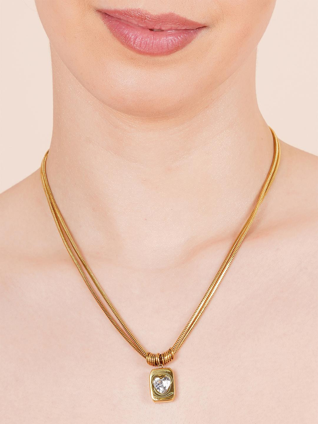 Ashnera Gold-Plated Stainless Steel Heart Shaped Artificial Stone Pendants with Chains