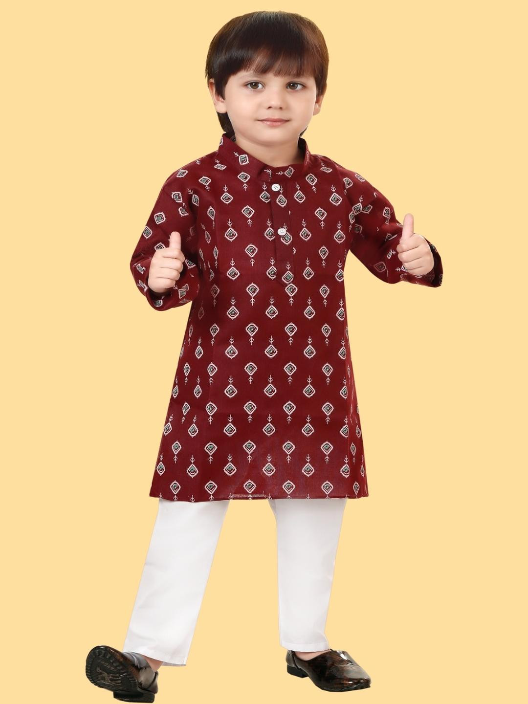 LABELZERO Kids-Unisex Maroon Cotton Blend Kurta Sets