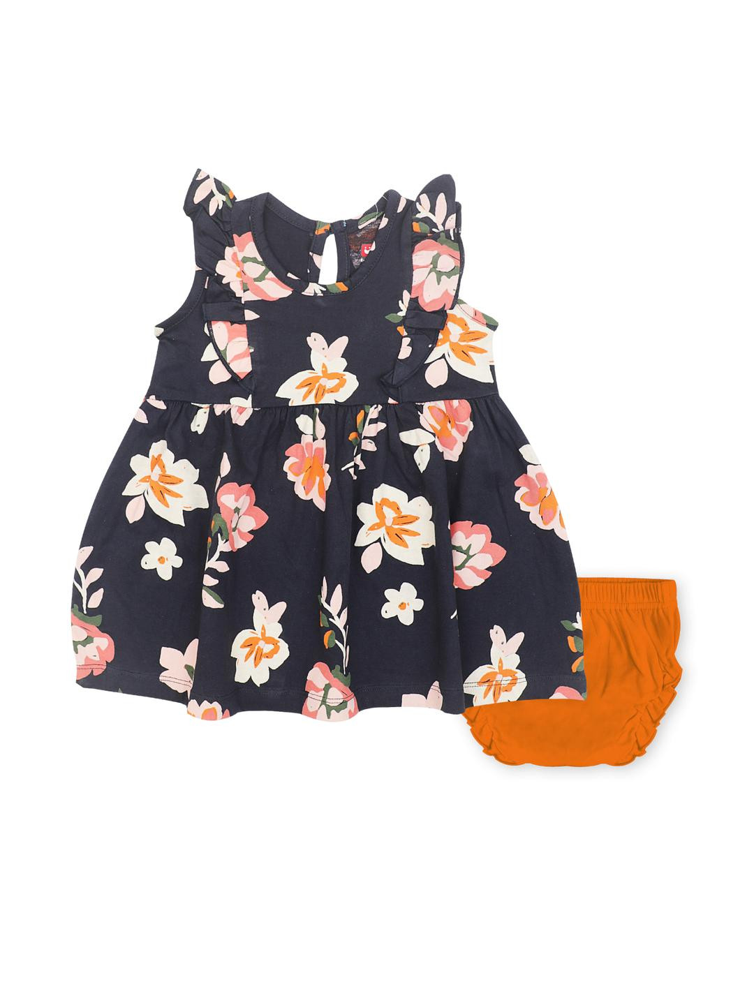 Pubu Girls Navy Blue Floral Printed Dress with Bloomer