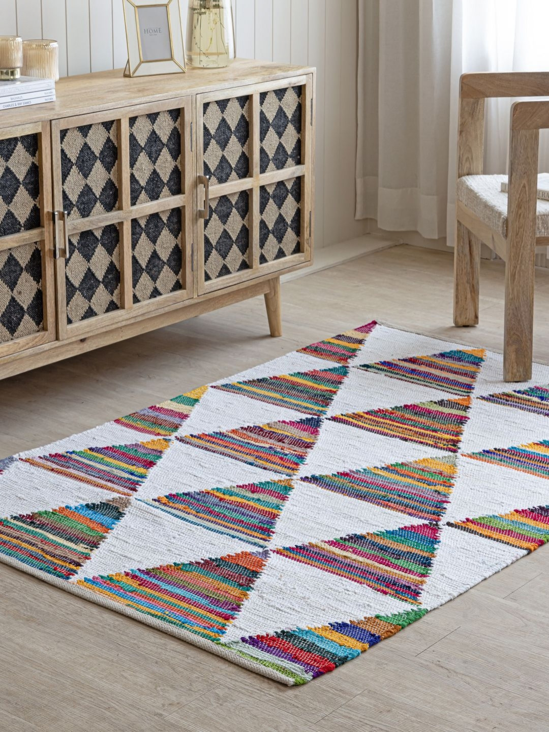 THEGASBH White & Red Geometric Traditional Cotton Carpet