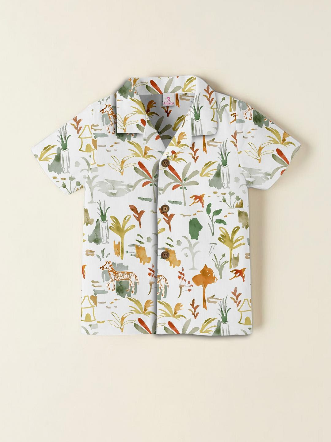 IRSIA Girls White Linen Nature Themed Printed Shirt with Shorts