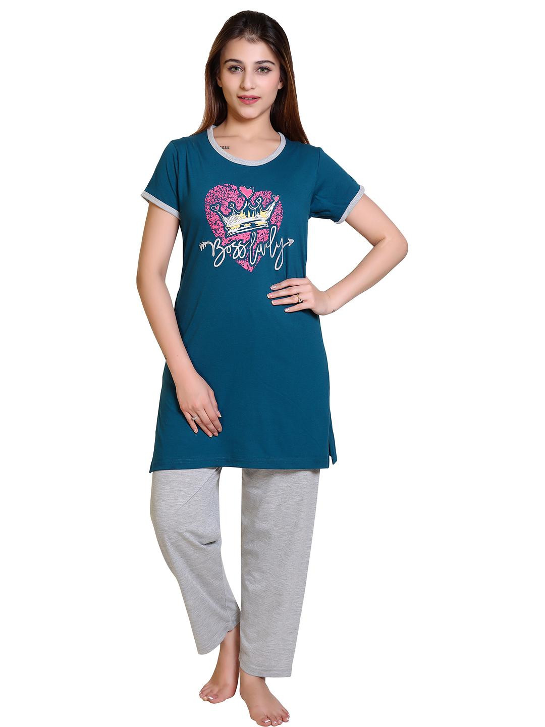 E-MAX Women Printed T-Shirt And Pyjama Night suit