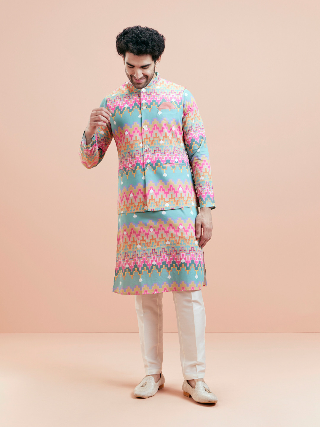 KISAH Geometric Printed Mandarin Collar Jodhpuri Kurta With Trousers & Nehru jacket