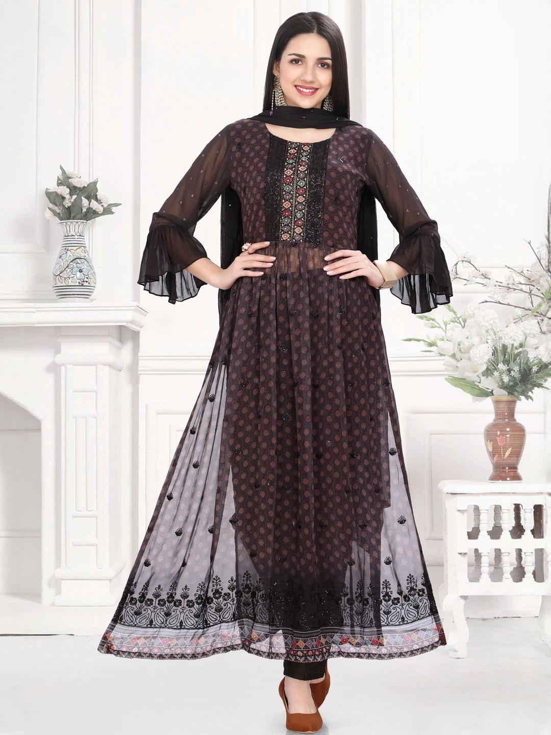 GREAT OUTFITS Women Brown Georgette Kurta Sets With Dupatta