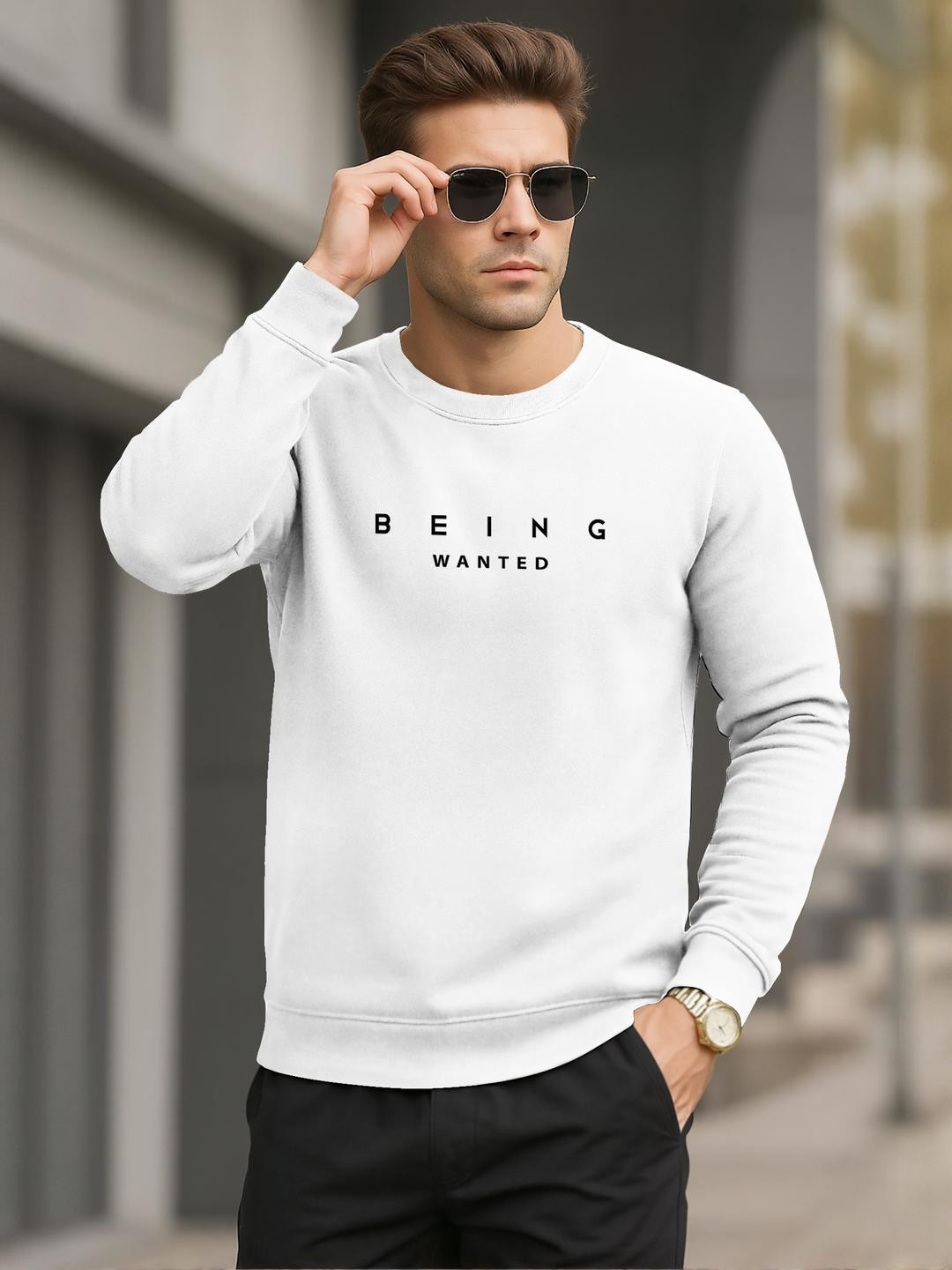 BEING WANTED Men White Long Sleeves Cotton Round Neck Sweatshirts