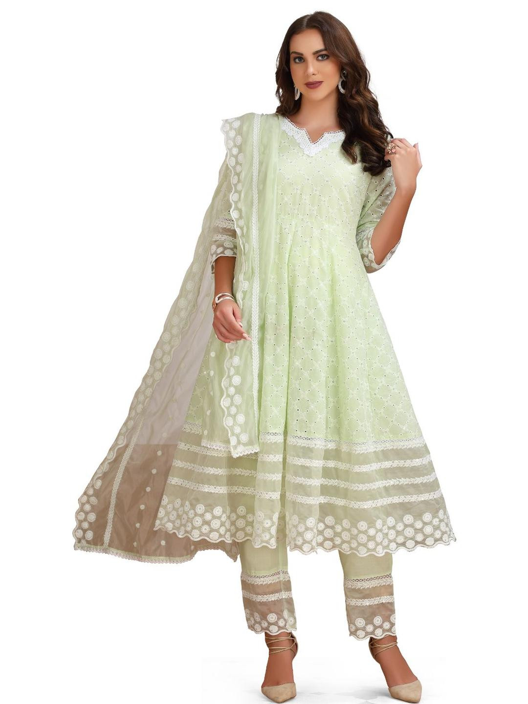 GREAT OUTFITS Women Green Pure Cotton Kurta Sets With Dupatta