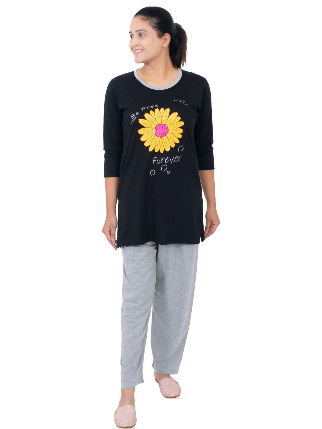 E-MAX Women Balck Cotton Round Neck Three-Quarter Sleeves Night suit