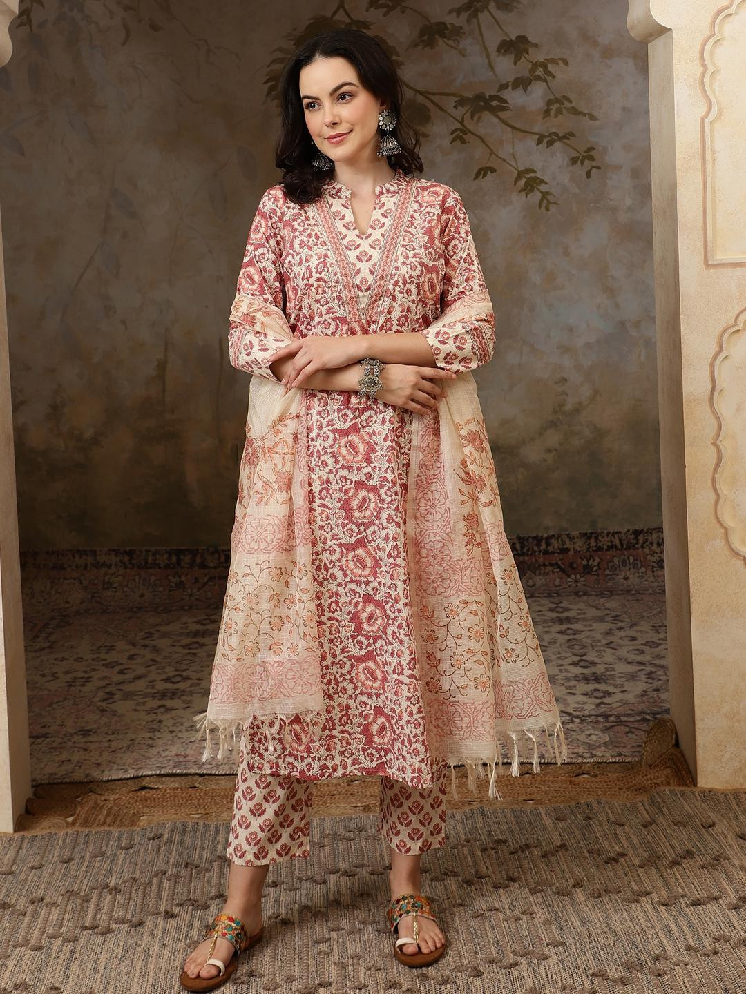 HERE&NOW Women Cream Pure Cotton Kurta Sets With Dupatta